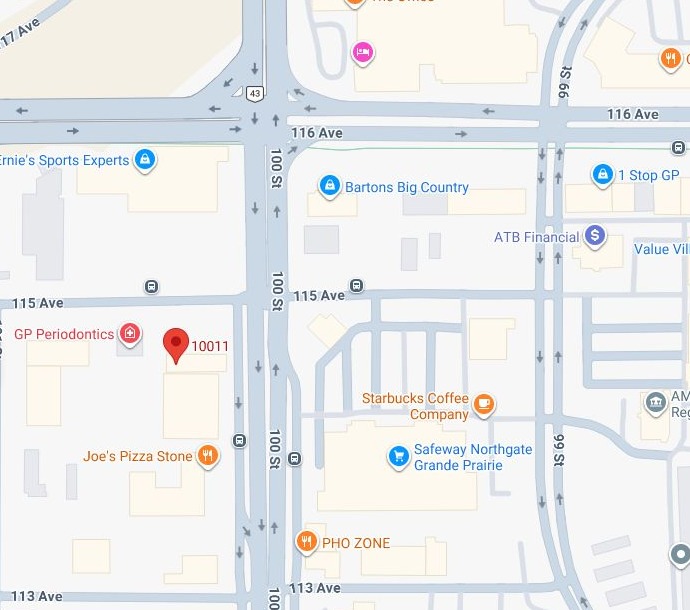 Google Map showing businesses within approximately one kilometre of 10011 115 Avenue